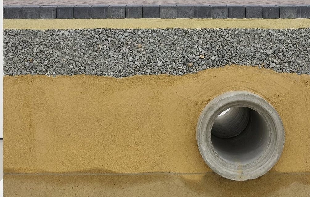 Dwarsdoorsnede van een straat: bestrating, fundering, zandbed en rioolbuis